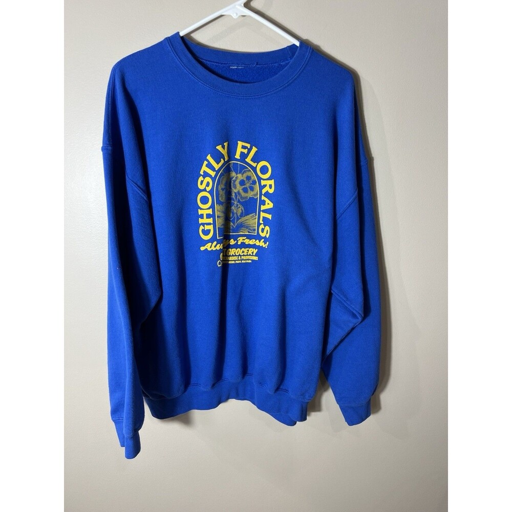 Lonely Ghost Sweatshirt XL Blue Pullover Crew Neck Ghostly Floral